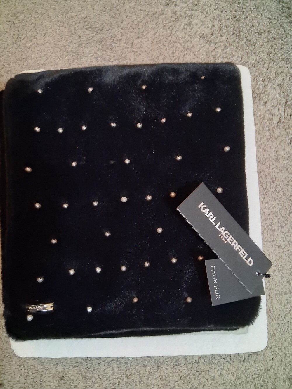 Karl Lagerfeld Paris faux fur wrap scarf, plush  material, scattered faux Pearls